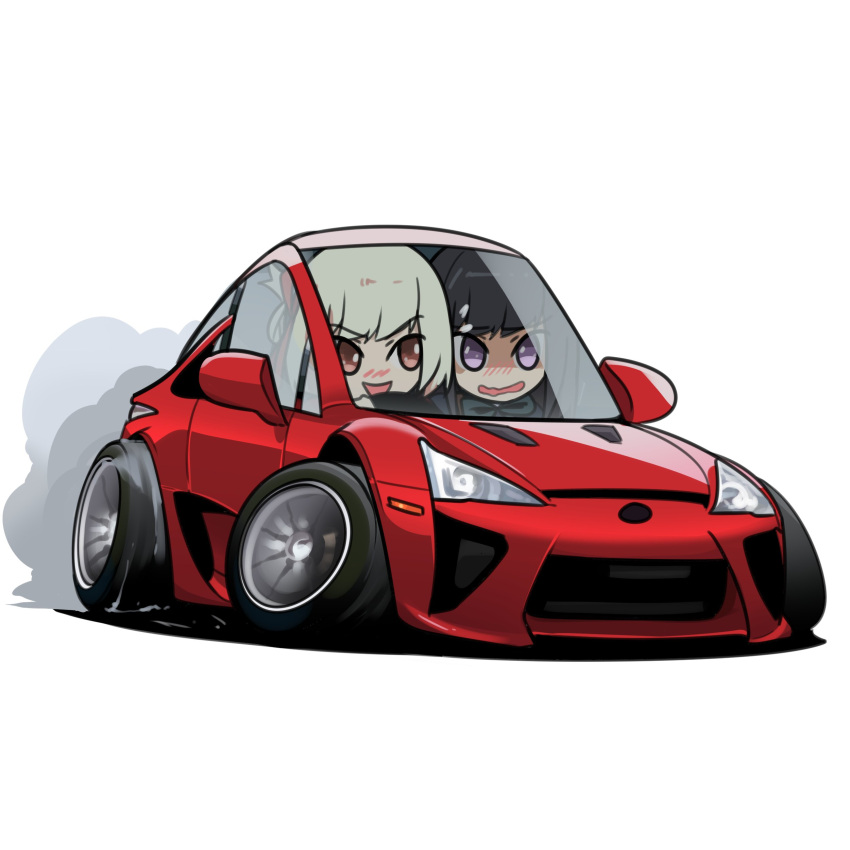 2girls absurdres black_hair blonde_hair blush brown_eyes car chibi driving english_commentary highres holeecrab inoue_takina lexus lexus_lfa lycoris_recoil motor_vehicle multiple_girls nishikigi_chisato open_mouth purple_eyes scared simple_background smile smoke sports_car stance_(vehicle) v-shaped_eyebrows vehicle_focus white_background