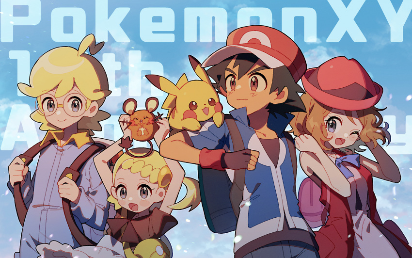 2boys 2girls :d ;d ahoge ash_ketchum backpack bag blonde_hair blue_jacket bonnie_(pokemon) brown_eyes brown_shirt clemont_(pokemon) closed_mouth commentary_request copyright_name dedenne fingerless_gloves gloves haru_yanagi_(nntiebiinkn) hat highres holding holding_pokemon holding_strap jacket jumpsuit multiple_boys multiple_girls neck_ribbon one_eye_closed open_mouth pants pikachu pink_bag pokemon pokemon_(anime) pokemon_(creature) pokemon_on_arm pokemon_xy_(anime) red_headwear ribbon serena_(pokemon) shirt short_sleeves smile tongue