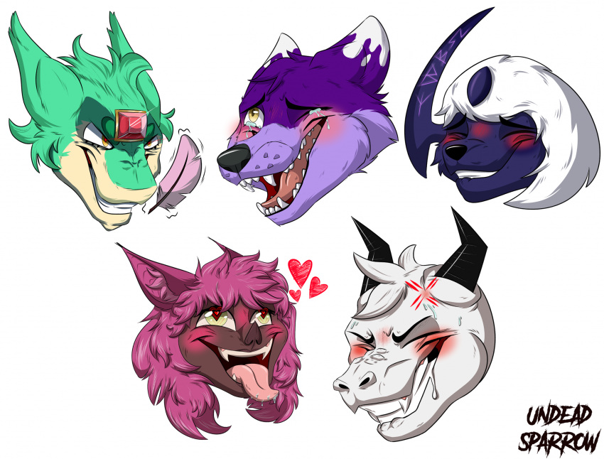 &lt;3 1_horn 2023 2_horns absol ahegao anthro bared_teeth bat black_gem black_horn black_nose blush bodily_fluids brown_body brown_fur canid canine canis clenched_teeth cross-popping_vein dragon drooling evil_face evil_grin eyes_closed fur gem generation_3_pokemon green_body green_fur green_hair group hair headshot_portrait hi_res horn laugh long_hair looking_pleasured male mammal nintendo one_eye_closed open_mouth pink_hair pink_tongue pokemon pokemon_(species) portrait purple_body purple_fur purple_horn red_blush red_gem rune runes saliva sharp_teeth short_hair simple_background smile snout teeth teeth_showing tickling tongue tongue_out undeadsparrow white_background white_body white_fur white_hair wolf yellow_body yellow_eyes yellow_fur