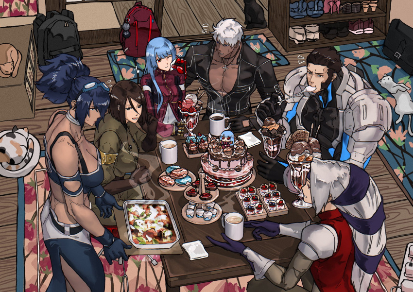 1girl 2boys belt black_hair blue_hair bodysuit breasts brown_hair candy cat cyborg dark-skinned_male dark_skin diana_(kof) food foxy_(kof) gloves headband highres ice jacket k'_(kof) kula_diamond large_breasts long_hair maxima medium_breasts multiple_boys multiple_girls ponytail purple_eyes red_eyes short_hair sideburns snk syachiiro the_king_of_fighters whip_(kof) white_hair yellow_gloves zipper