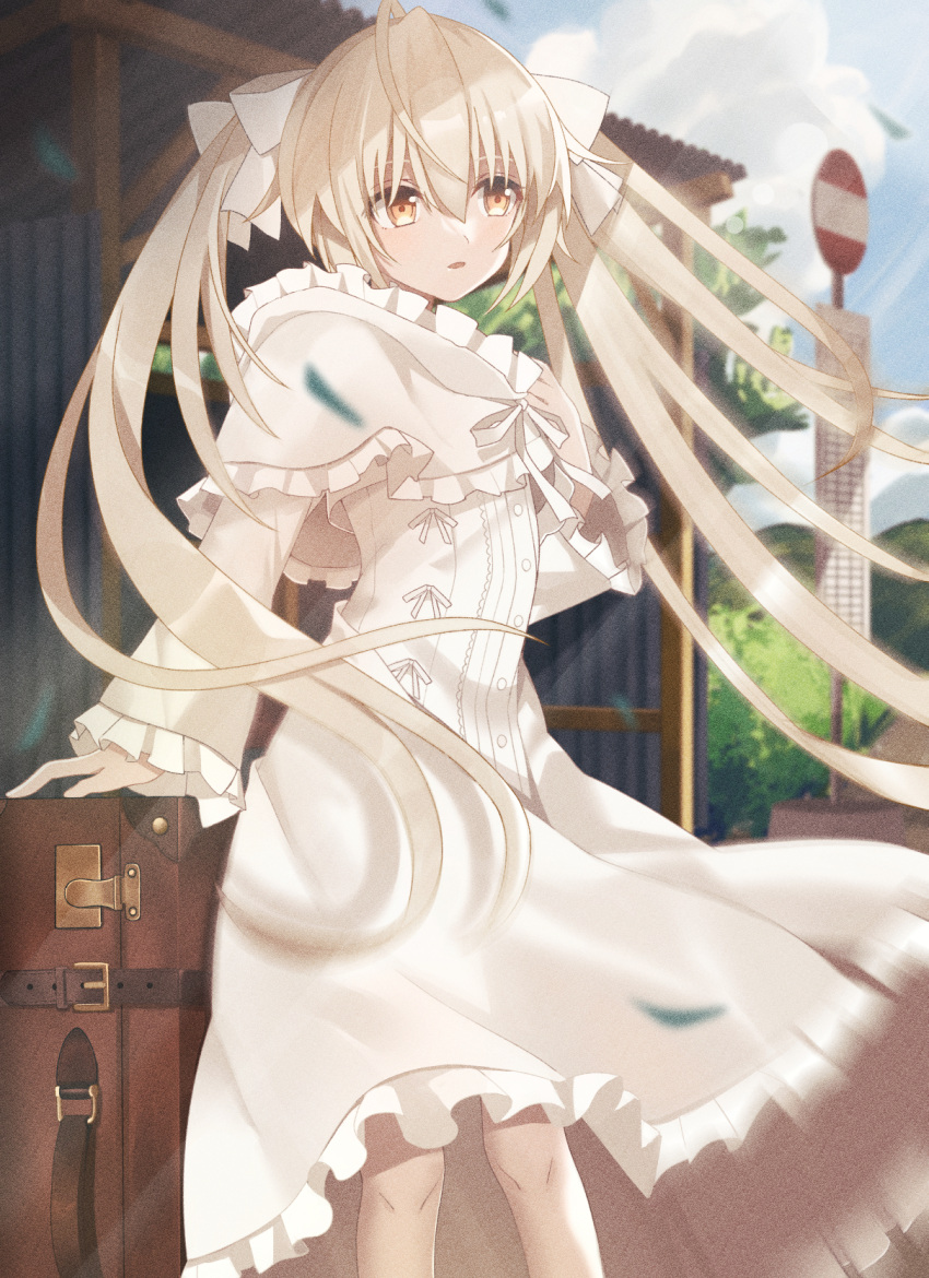 1girl ahoge arm_support bus_stop dress frilled_dress frills hair_ribbon highres kasugano_sora long_dress long_hair long_sleeves nasubi_(shu_zzz) open_mouth outdoors ribbon solo suitcase twintails very_long_hair white_dress white_hair wind yellow_eyes yosuga_no_sora