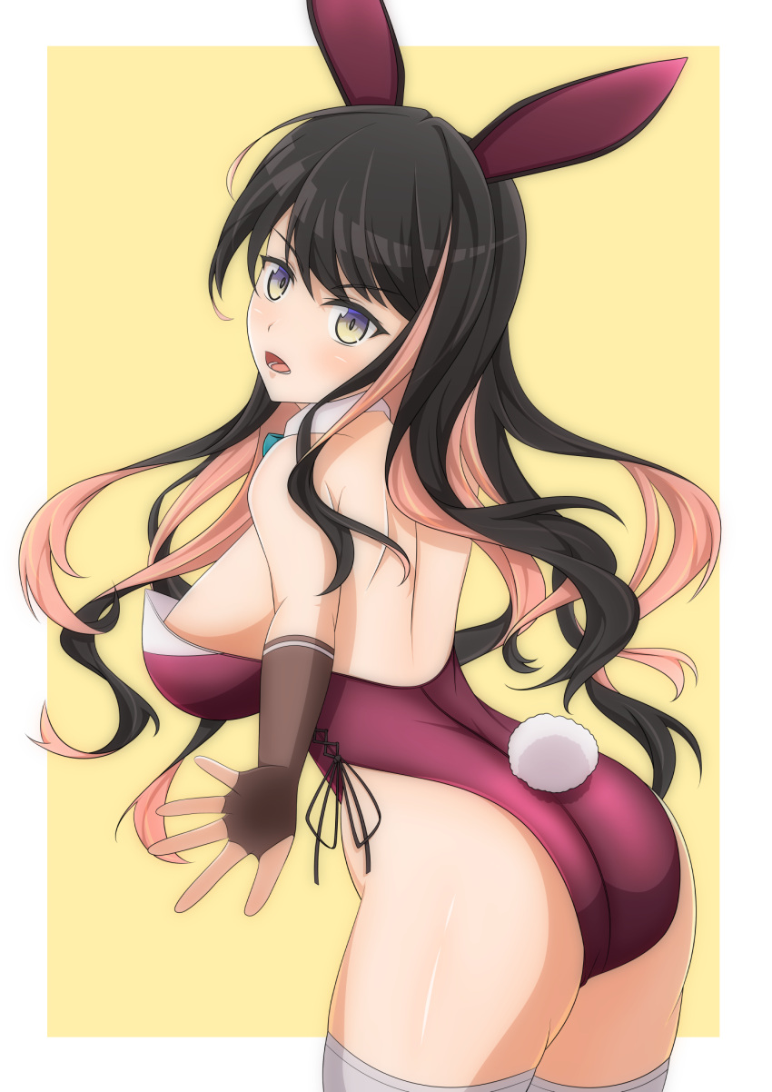 1girl adapted_costume animal_ears ass bare_shoulders bell_shireikan blush bow bowtie breasts detached_collar fake_animal_ears grey_thighhighs highres kantai_collection large_breasts leotard long_hair looking_at_viewer looking_back nagana_sayui naganami_(kancolle) playboy_bunny purple_leotard rabbit_ears smile solo strapless strapless_leotard thighhighs wrist_cuffs