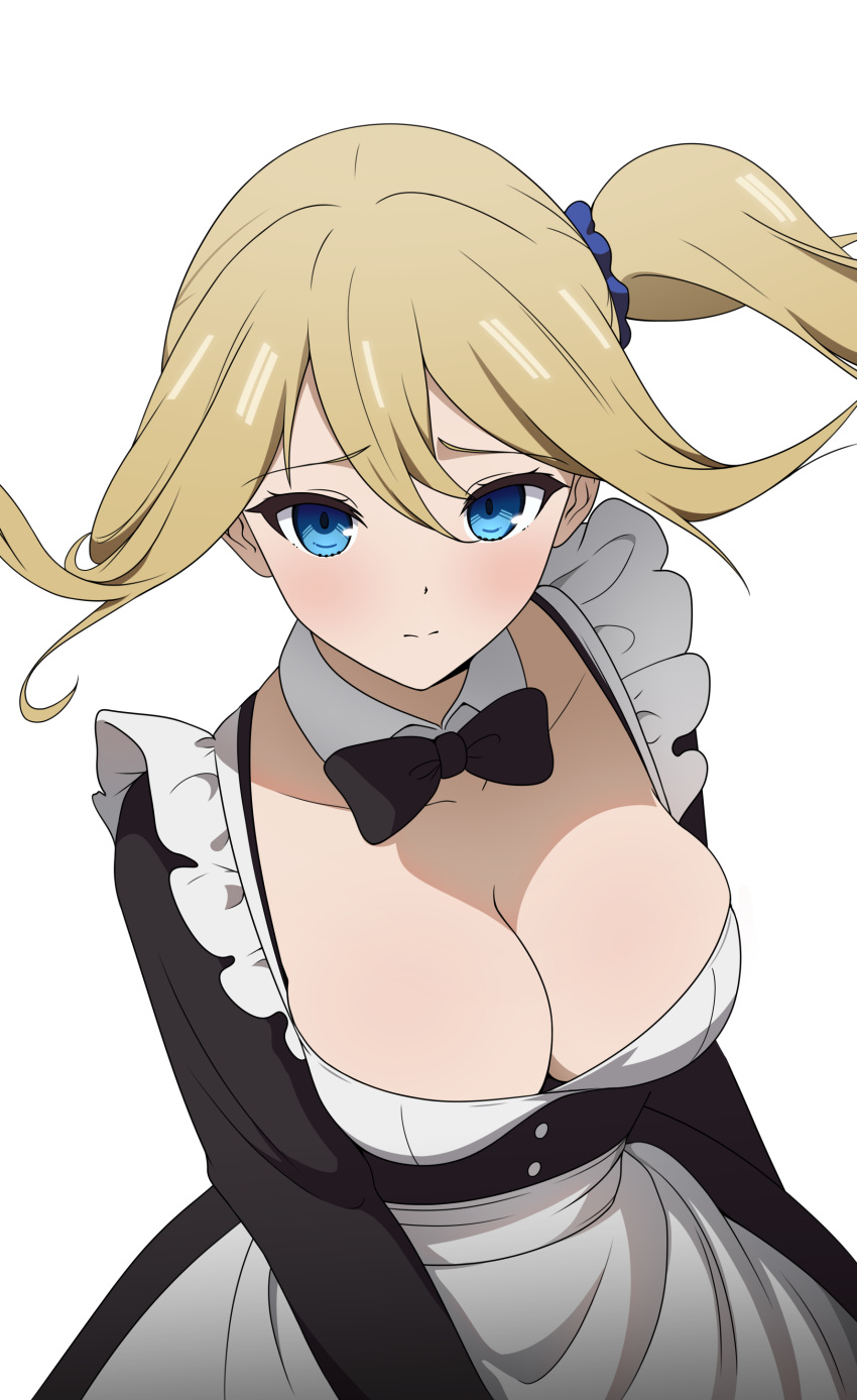 1girl absurdres alternate_breast_size apron black_bow black_bowtie black_dress blonde_hair blue_eyes blue_scrunchie bow bowtie breasts cleavage closed_mouth commentary coro_fae detached_collar dress floating_hair furrowed_brow hair_between_eyes hair_ornament hair_scrunchie hayasaka_ai highres kaguya-sama_wa_kokurasetai_~tensai-tachi_no_renai_zunousen~ large_breasts light_blush long_sleeves looking_at_viewer maid paid_reward_available scrunchie side_ponytail simple_background skindentation solo split_mouth traditional_bowtie upper_body waist_apron white_apron white_background