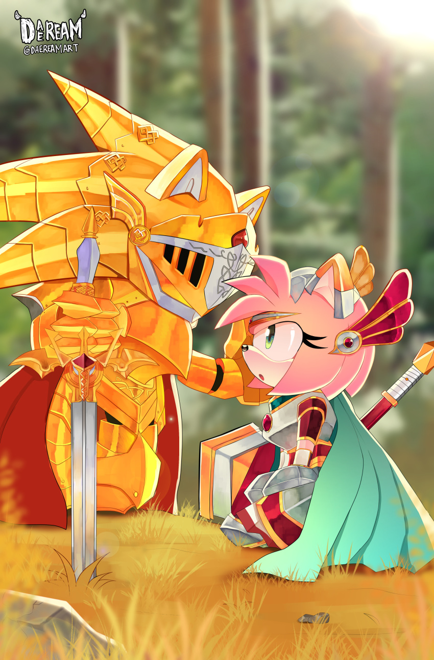 1boy 1girl absurdres amy_rose animal_ears animal_nose armor artist_name blue_cape blurry blurry_background breastplate caliburn_(sonic) cape covered_eyes daeream forest from_side furry furry_female furry_male gauntlets gold_armor grass greaves green_eyes hammer hand_on_another's_cheek hand_on_another's_face hedgehog hedgehog_ears helm helmet highres holding holding_sword holding_weapon kneeling knight looking_at_another nature on_grass open_mouth paladin pink_fur planted planted_sword red_cape shoulder_armor sitting snout sonic_(series) sonic_and_the_black_knight sonic_the_hedgehog sword tree twitter_username weapon weapon_on_back