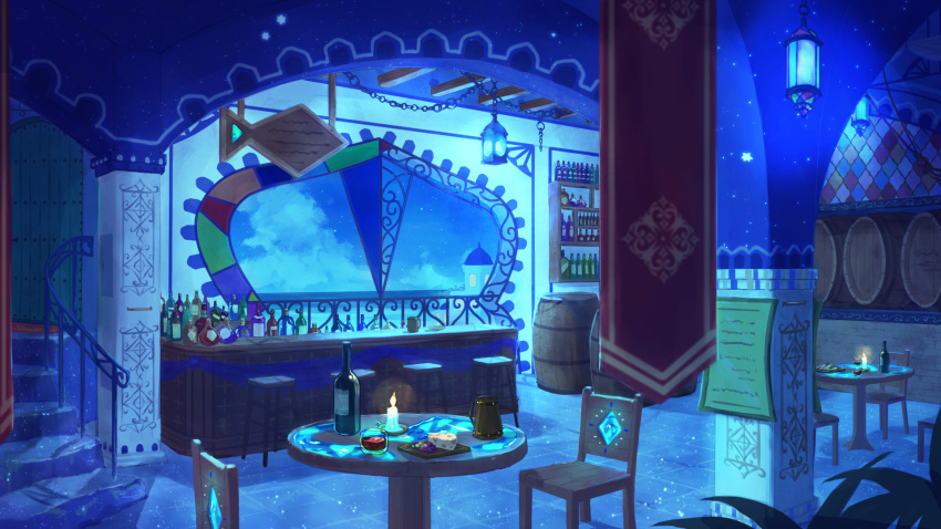 alcohol aomidorihana barrel beer_mug bottle candle chain chair cheese counter cup dairoku_ryouhei door food highres indoors lantern mug no_humans railing scenery stairs stool table tile_floor tiles wine wine_bottle wine_rack