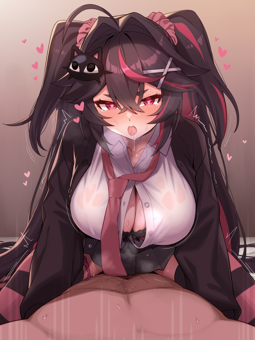 1boy 1girl absurdres ahoge black_bra black_cardigan black_hair black_skirt black_thighhighs blush bra breasts cardigan cleavage clothed_sex collared_shirt covered_penetration cowgirl_position girl_on_top hair_between_eyes hair_intakes hair_ornament heart hetero highres large_breasts long_hair looking_at_viewer lying necktie on_back open_mouth original panties panties_around_one_leg pink_necktie pink_thighhighs pov red_eyes red_hair shirt skirt solo_focus straddling striped striped_thighhighs tearing_up thighhighs trembling underwear white_shirt x_hair_ornament yagi_(ningen)