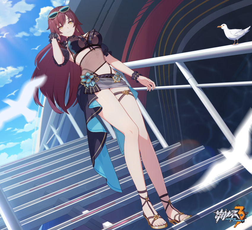 1girl animal bare_legs bird bracelet breasts brown_hair cloud cloudy_sky earrings eden_(honkai_impact) eyewear_on_head feet highres honkai_(series) honkai_impact_3rd jewelry large_breasts legs long_hair long_legs looking_at_viewer official_alternate_costume official_art official_wallpaper outdoors sandals seagull ship short_shorts shorts sky smile solo stairs sunglasses toenails toes watercraft yellow_eyes