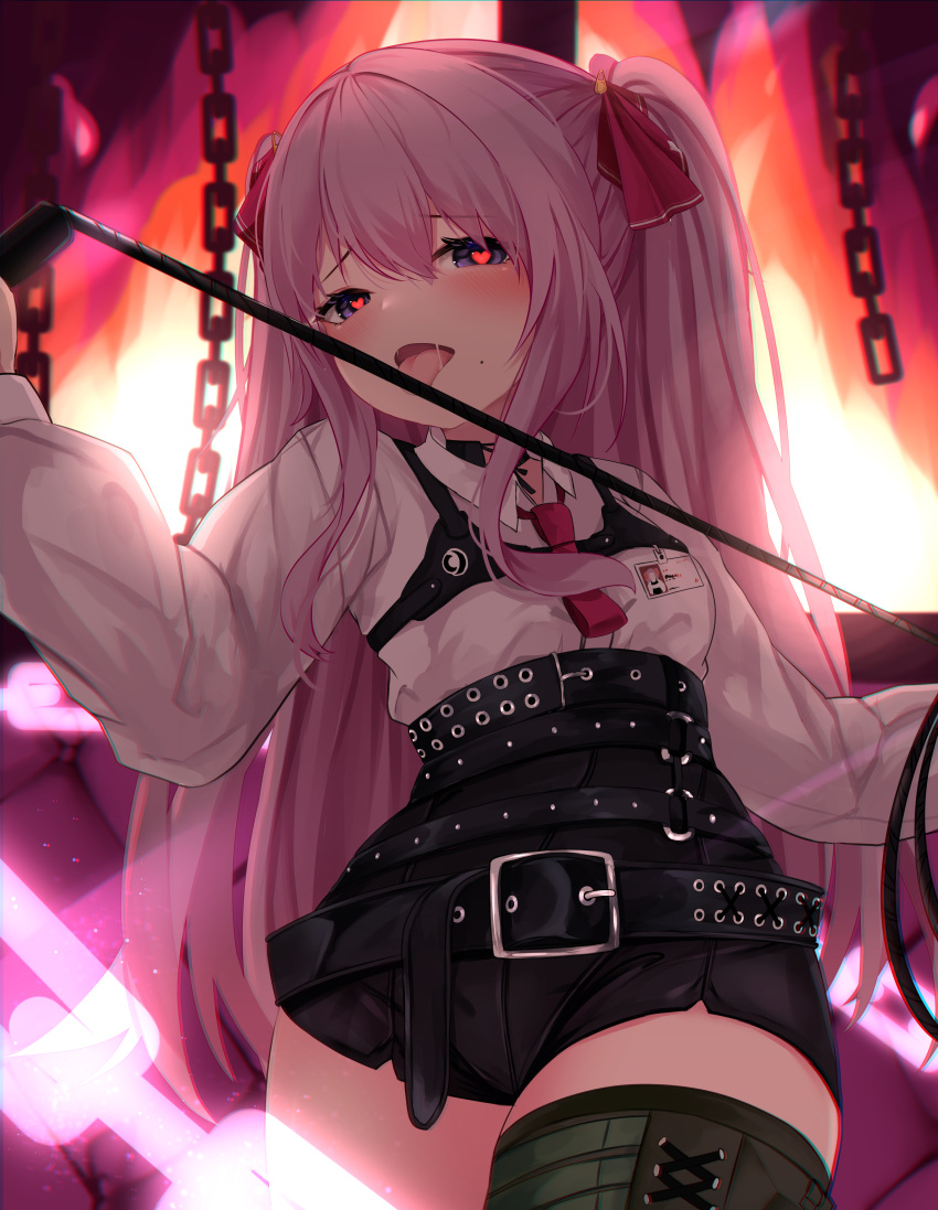 1girl absurdres belt bondage_outfit boots chain flat_chest goddess_of_victory:_nikke heart heart-shaped_pupils highres holding holding_whip mole mole_under_mouth nekodama2000 open_mouth pink_hair solo symbol-shaped_pupils thick_thighs thighs tongue tongue_out twintails whip yuni_(nikke)