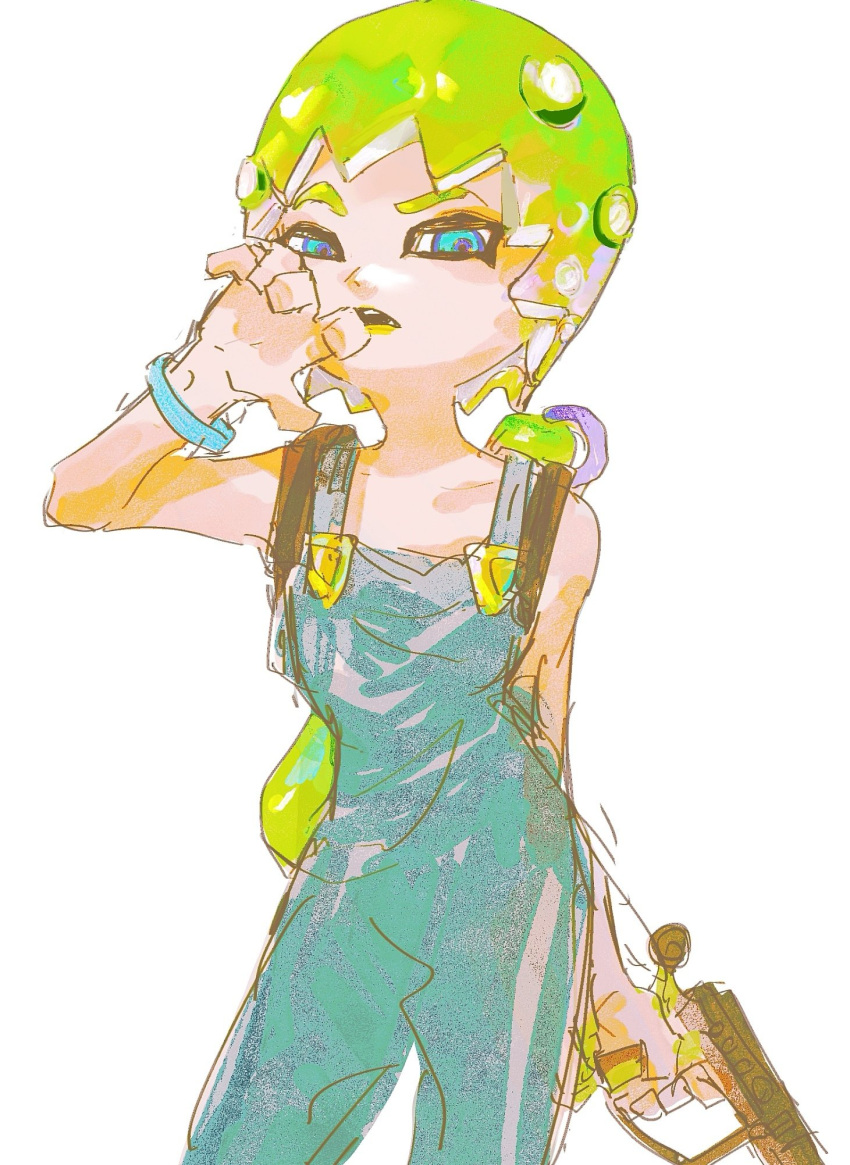 1girl blue_eyes czyw e-liter_4k_(splatoon) foo_fighters green_hair highres jojo_no_kimyou_na_bouken octarian octoling octoling_girl overalls parody short_hair solo splatoon_(series) stone_ocean tentacle_hair wristband