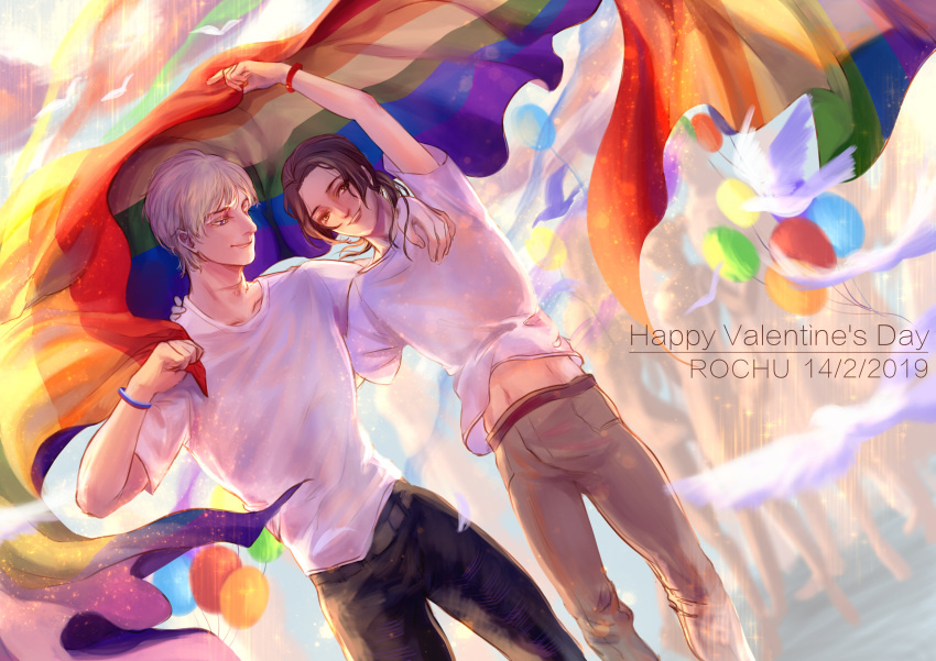 2boys absurdres arm_up axis_powers_hetalia balloon beichuanying belt bird black_hair black_pants blue_bracelet bracelet brown_belt brown_eyes brown_hair brown_pants character_name china_(hetalia) chinese_commentary closed_mouth collarbone commentary_request dated day dutch_angle feet_out_of_frame flag flying grey_hair hand_on_another's_shoulder happy_valentine highres holding holding_flag jewelry long_hair looking_ahead looking_to_the_side male_focus midriff multiple_boys outdoors pants parted_hair parted_lips people pink_lips rainbow_flag red_bracelet russia_(hetalia) shirt short_hair short_sleeves simple_bird smile solo_focus t-shirt valentine white_shirt yaoi
