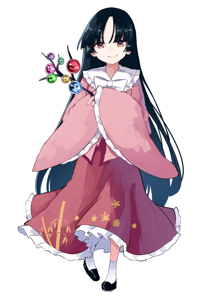 1girl black_footwear black_hair branch brown_eyes closed_mouth deetamu frilled_skirt frilled_sleeves frills full_body highres houraisan_kaguya jeweled_branch_of_hourai long_hair long_sleeves pink_shirt red_skirt shirt shoes simple_background skirt smile socks solo touhou white_background white_socks wide_sleeves