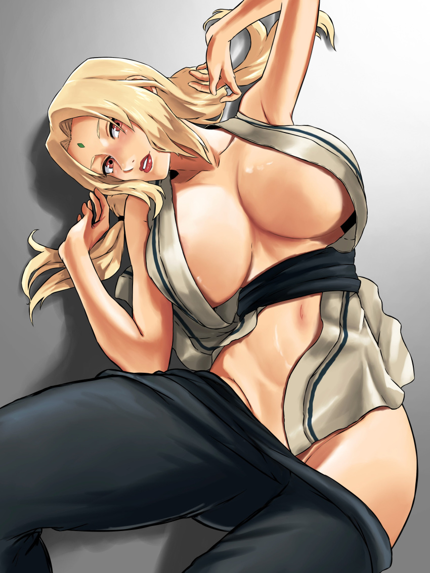 1girl absurdres bare_shoulders barefoot blonde_hair blush breasts brown_eyes cleavage collarbone commentary english_commentary facial_mark fingernails forehead_mark highres huge_breasts indoors japanese_clothes long_hair looking_at_viewer lying mature_female naruto naruto_(series) naughty_face on_side parted_bangs parted_lips sherumaru_(korcht06) smile solo thick_thighs thighs tsunade_(naruto)