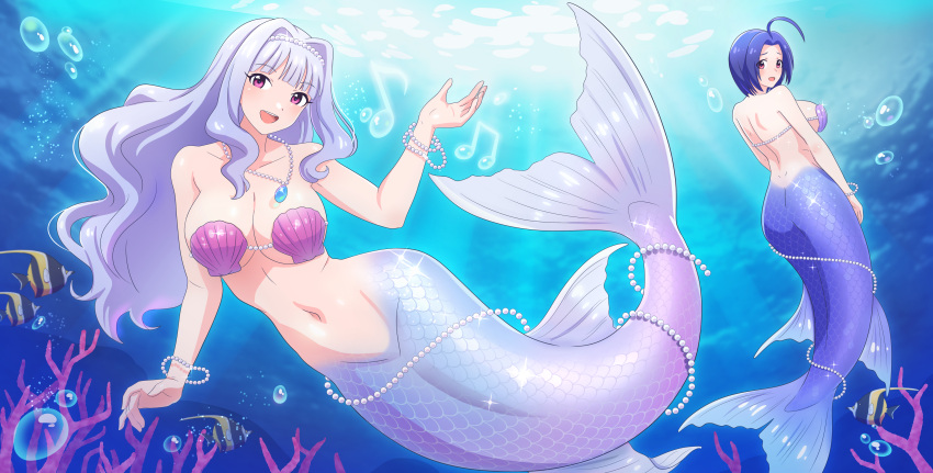 2girls absurdres bead_necklace beads blue_hair breasts bubble gem highres idolmaster idolmaster_(classic) jewelry kiria_ai kneeless_mermaid large_breasts long_hair looking_at_viewer mermaid miura_azusa monster_girl monsterification multiple_girls musical_note navel necklace revision shell shell_bikini shijou_takane short_hair smile sparkle underwater