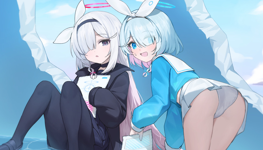2girls :o arona_(blue_archive) ass bent_over black_coat black_eyes black_footwear black_hairband black_pantyhose black_skirt blue_archive blue_eyes blue_hair blue_halo blue_pupils blue_shirt blue_sky bow bow_hairband braid cloud coat colored_inner_hair commentary_request eyes_visible_through_hair grey_hair hair_over_one_eye hairband halo highres holding holding_paper knees_up light_blue_hair loafers long_hair long_sleeves looking_at_viewer looking_back multicolored_hair multiple_girls one_eye_covered open_mouth panties pantyhose paper parted_lips pink_hair plana_(blue_archive) pleated_skirt red_halo red_pupils s.w sailor_collar school_uniform shirt shoes short_hair single_braid sitting skirt sky sleeves_past_fingers sleeves_past_wrists smile sweatdrop two-tone_hair underwear very_long_hair white_bow white_hairband white_panties white_sailor_collar white_skirt