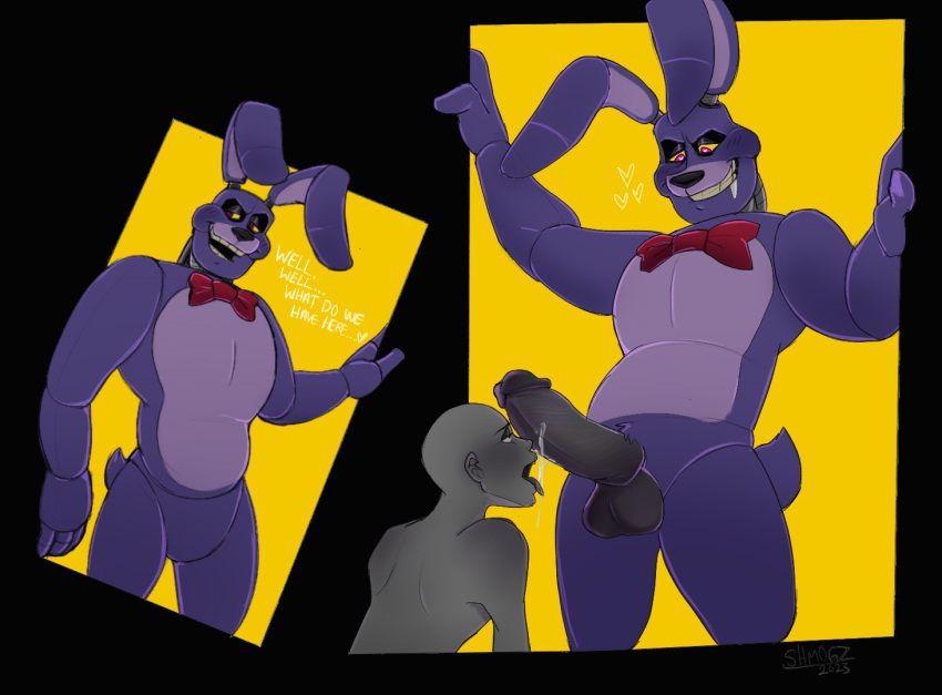 animatronic anthro balls bodily_fluids bonnie_(fnaf) digital_media_(artwork) duo five_nights_at_freddy's genitals lagomorph leporid machine male mammal nude penis rabbit robot scottgames shmogzoblivion simple_background solo