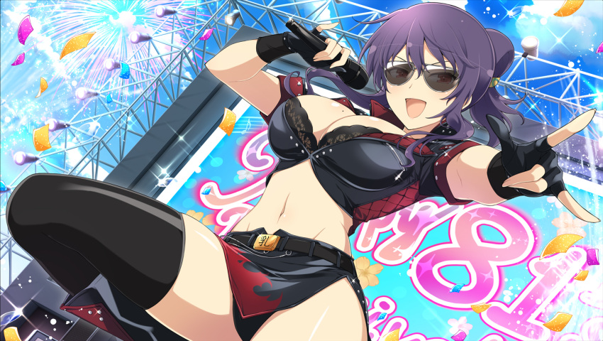 1girl aerial_fireworks belt belt_buckle black_belt black_bra bra breasts buckle cleavage confetti crop_top fingerless_gloves fireworks flame_print folded_ponytail glasses gloves holding holding_microphone lace-trimmed_bra lace_trim large_breasts looking_at_viewer microphone midriff miniskirt mole mole_on_breast navel panties pointing purple_hair red_eyes senran_kagura senran_kagura_burst senran_kagura_new_link sidelocks skirt smile solo stage stage_lights stomach sunglasses suzune_(senran_kagura) teacher thighhighs underwear yaegashi_nan