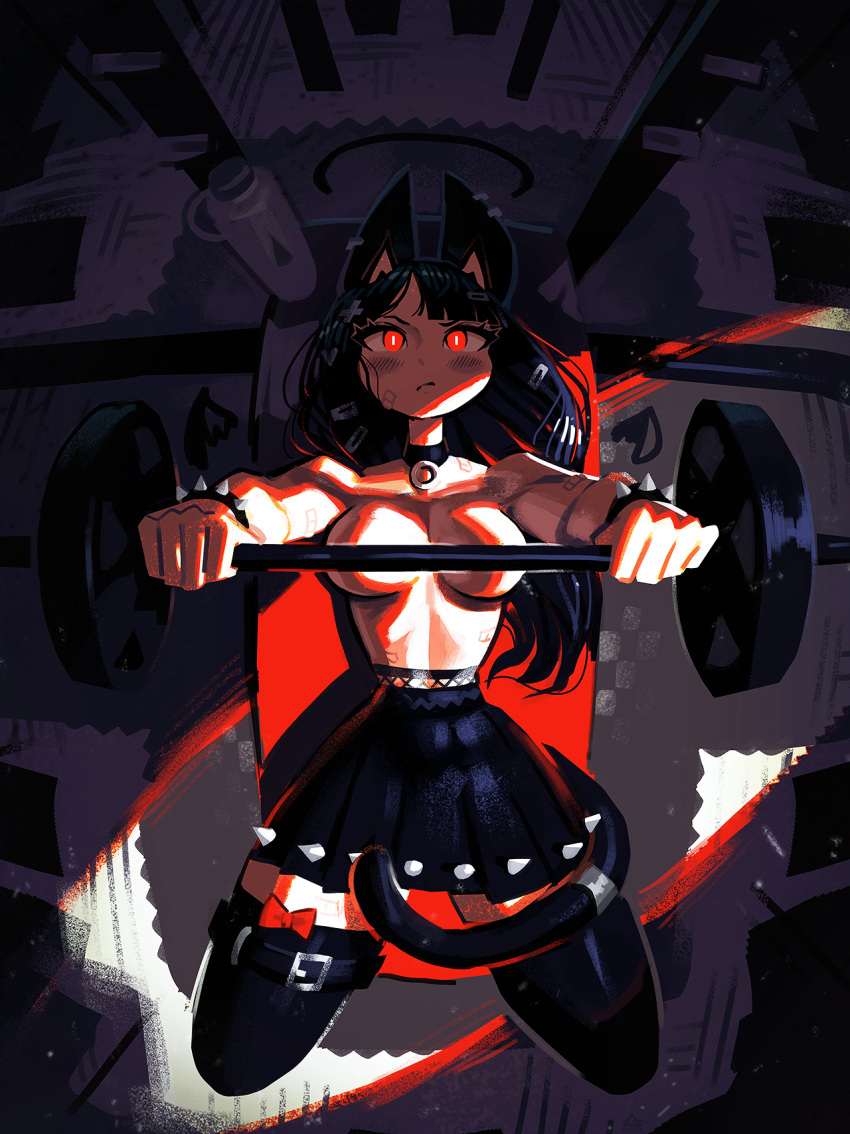 1girl andaerz animal_ears asymmetrical_bangs bench_press black_hair black_skirt blush bracelet cat_ears ear_piercing hair_ornament hairpin highres jewelry long_hair naked_skirt necklace original piercing pout red_eyes skirt spiked_bracelet spikes tail thighhighs