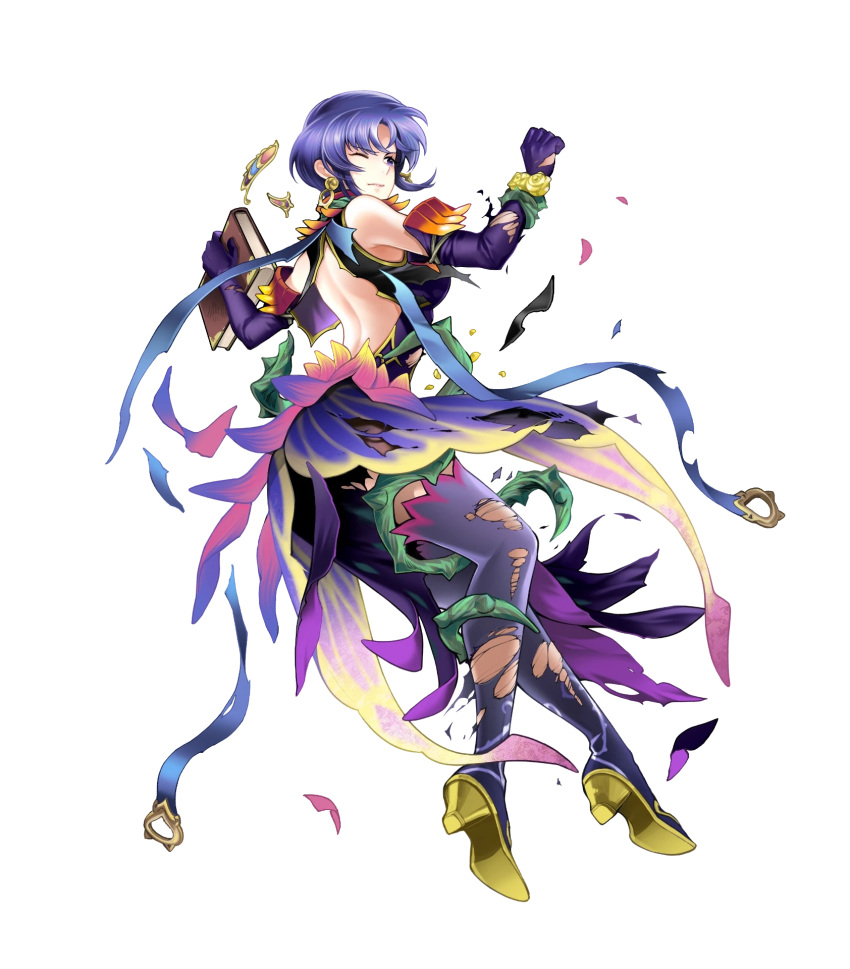 1girl alternate_costume bare_shoulders book boots breasts closed_mouth detached_collar dress earrings elbow_gloves fire_emblem fire_emblem:_the_blazing_blade fire_emblem_heroes full_body gloves gold_trim gradient_clothes hair_ornament high_heel_boots high_heels highres holding holding_book jewelry medium_breasts non-web_source official_art one_eye_closed plant purple_eyes purple_hair see-through short_hair sidelocks sleeveless solo thigh_boots thorns torn_clothes torn_dress torn_footwear torn_gloves toyota_saori ursula_(fire_emblem) vines