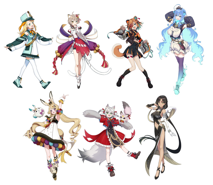 6+girls absurdres ahoge animal_ears anon_non band_uniform bike_shorts black_hair blonde_hair blue_eyes blue_fire blue_hair breasts cat_ears cat_girl cat_tail cobra_(animal) colored_inner_hair comiket_102 crown disembodied_head dog_girl dog_tail dress drill_hair drill_sidelocks dullahan fiery_hair fire forked_tail gauntlets green_eyes green_hair grey_hair hat heterochromia highres hip_vent japanese_clothes kamizuki_naki key_hair_ornament light_brown_hair long_hair looped_braids makicha_(sasurainopink) marching_band midriff miyoshino_shiki multicolored_hair multiple_girls nagare_sara navel nekomata one_side_up orange_hair papi_(anon_non) party_popper_hair_ornament pengin_pina penguin_girl playing_card_theme prism_project prosthetic_ear purple_eyes rabbit_ears rabbit_girl rabbit_tail red_dress rikudou_yura shako_cap short_hair sidelocks single_gauntlet snake snake_armband suzune_nia symbol-shaped_pupils tail thighhighs tiara virtual_youtuber white_snake wolf_ears wolf_girl wolf_tail x-shaped_pupils x_x yellow_eyes