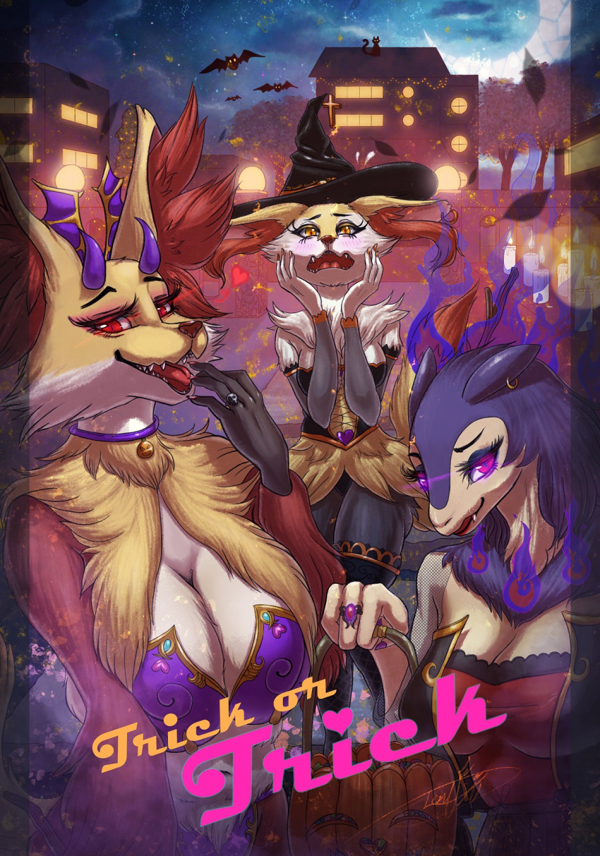 big_breasts braixen breasts canid canine curvy_female delphox female fox generation_2_pokemon generation_6_pokemon group halloween hi_res holidays huge_breasts lent_si magic_user mammal nintendo pokemon pokemon_(species) succubus typhlosion vampire witch