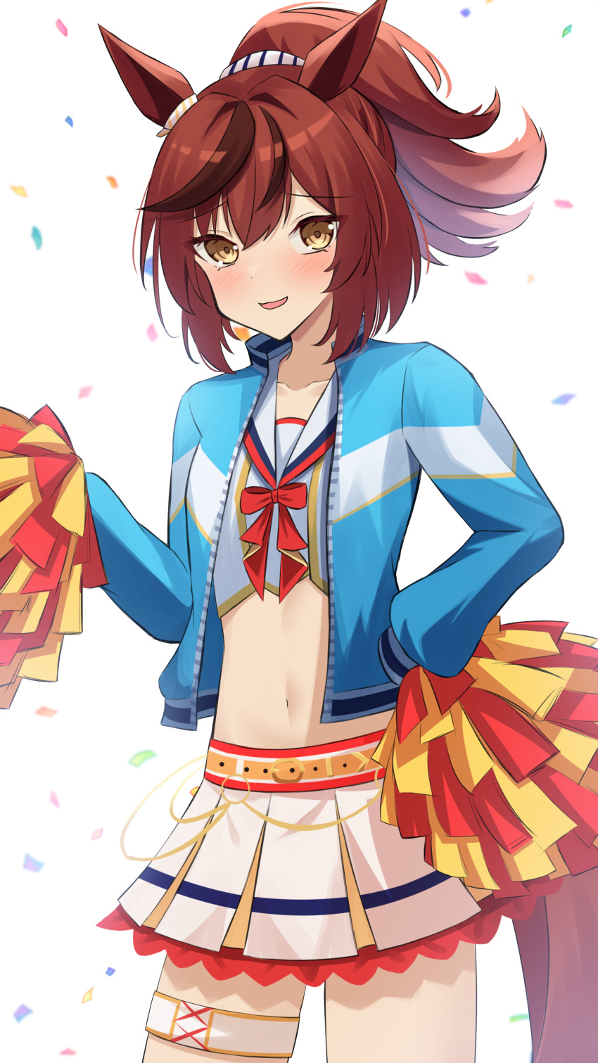 1girl absurdres animal_ears bandeau belt blue_jacket brown_eyes cheerleader commentary_request confetti cowboy_shot ear_ornament highres horse_ears horse_girl horse_tail jacket jyujo_niton midriff multicolored_hair navel nice_nature_(run&amp;win)_(umamusume) nice_nature_(umamusume) official_alternate_hairstyle official_art open_clothes open_jacket open_mouth pom_pom_(cheerleading) ponytail simple_background skirt solo streaked_hair tail thigh_strap umamusume white_background white_bandeau white_skirt yellow_belt