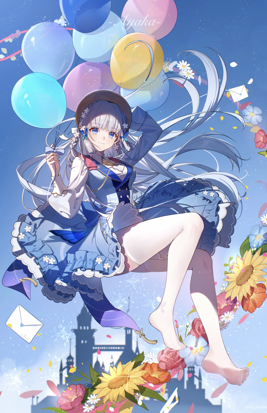 1girl absurdres arm_up balloon blue_dress blue_eyes blue_flower blue_hair blue_sky blunt_tresses braid brown_headwear closed_mouth dress english_commentary fireworks flower flower_request full_body genshin_impact hair_flower hair_ornament hand_on_own_head hand_up highres holding holding_balloon kamisato_ayaka kamisato_ayaka_(springbloom_missive) letter light_blue_hair long_hair long_sleeves looking_at_viewer no_shoes official_alternate_costume outdoors pantyhose petals pink_flower red_flower sky smile solo sunflower twin_braids white_dress white_flower white_pantyhose yolanda