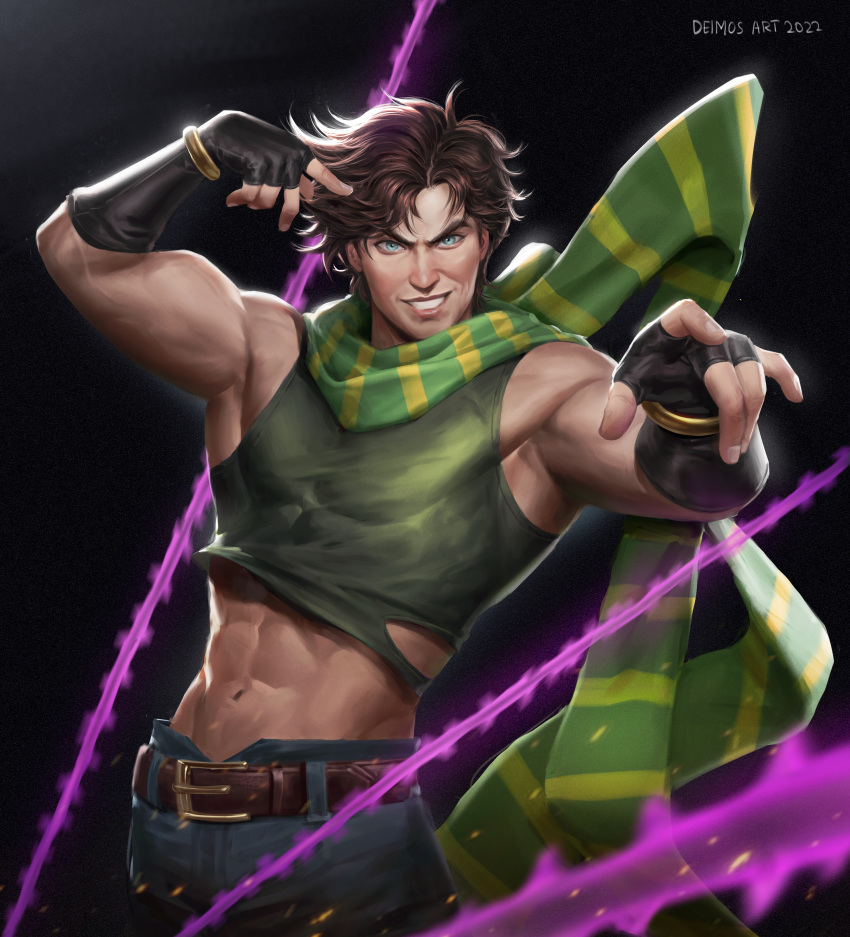 1boy 2022 abs absurdres artist_name battle_tendency black_background blue_eyes brown_hair commentary crop_top dark_background deimos_art english_commentary fingerless_gloves gloves green_scarf grin groin hermit_purple highres jojo_no_kimyou_na_bouken joseph_joestar joseph_joestar_(young) looking_at_viewer male_focus midriff muscular muscular_male plant scarf short_hair simple_background smile solo striped striped_scarf vines