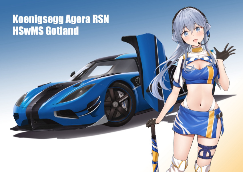 1girl bandeau black_gloves blue_bandeau blue_eyes blue_hair blue_skirt blush boots breasts car cleavage cropped_jacket driftkingtw earpiece gloves gotland_(kancolle) hair_between_eyes jacket kantai_collection koenigsegg_(automobile) koenigsegg_agera_rs long_hair medium_breasts mole mole_under_eye motor_vehicle navel official_alternate_costume open_mouth short_sleeves skirt smile solo sports_car thigh_boots white_footwear white_jacket