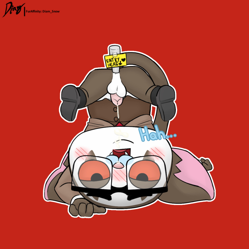 aggressive_retsuko anthro ass_up blush bodily_fluids bushbaby clothing cum diam_snow dress_shirt eyewear genital_fluids glasses hi_res leaking_cum male masuo_ikari pantsless sanrio shirt solo topwear toy_in_ass upside_down