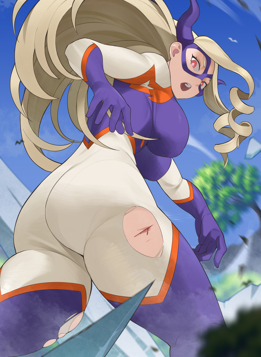 1girl absurdres ass ass_focus back blonde_hair blue_sky bodysuit boku_no_hero_academia breasts bright_pupils day domino_mask dynamic_pose from_behind from_below giant giantess gloves hair_flowing_over highres horns huge_ass ice koyap large_breasts long_hair looking_at_viewer looking_back looking_down mask mount_lady open_mouth outdoors pantylines pov red_eyes skindentation sky solo superhero thick_thighs thighs tight_clothes tongue torn_clothes