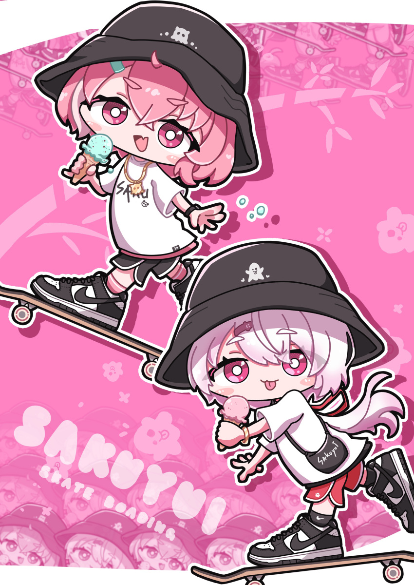 2girls :d :p absurdres adapted_costume bass_guitar black_headwear blush_stickers bucket_hat chibi crossed_bangs fang fender_precision_bass food gyorasuke hair_between_eyes hair_ornament hairclip hat highres holding holding_food holding_ice_cream ice_cream instrument looking_at_viewer low_ponytail multiple_girls nijisanji nike_dunk open_mouth pink_hair ponytail red_eyes red_shorts sasaki_saku shiina_yuika shirt shoes short_hair shorts skateboard skateboarding skin_fang smile sneakers streetwear t-shirt thick_eyebrows tongue tongue_out virtual_youtuber white_shirt