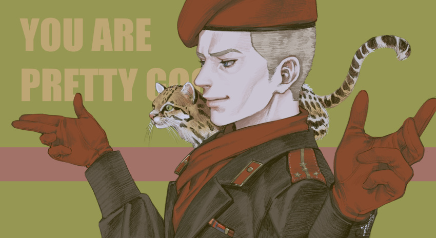 1boy animal beret blonde_hair english_text gloves green_background hat highres looking_to_the_side medal metal_gear_(series) metal_gear_solid metal_gear_solid_3:_snake_eater military military_hat military_uniform noriuma ocelot patch red_gloves red_scarf revolver_ocelot scarf shoulder_patch uniform