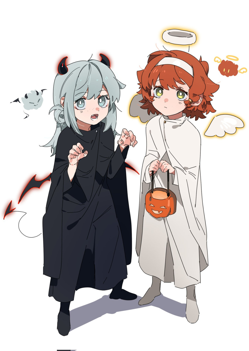 2girls angel_wings black_cape black_footwear black_pants bright_pupils cape claw_pose closed_mouth commentary demon_horns demon_tail demon_wings english_commentary freckles green_eyes grey_eyes hairband halloween_bucket halo highres horns jack-o'-lantern long_hair looking_at_viewer low_wings molu_stranger multiple_girls open_mouth pants red_hair reverse:1999 shadow short_hair simple_background sonetto_(reverse:1999) tail trick-or-treating vertin_(reverse:1999) white_background white_cape white_hairband white_pants white_pupils wings