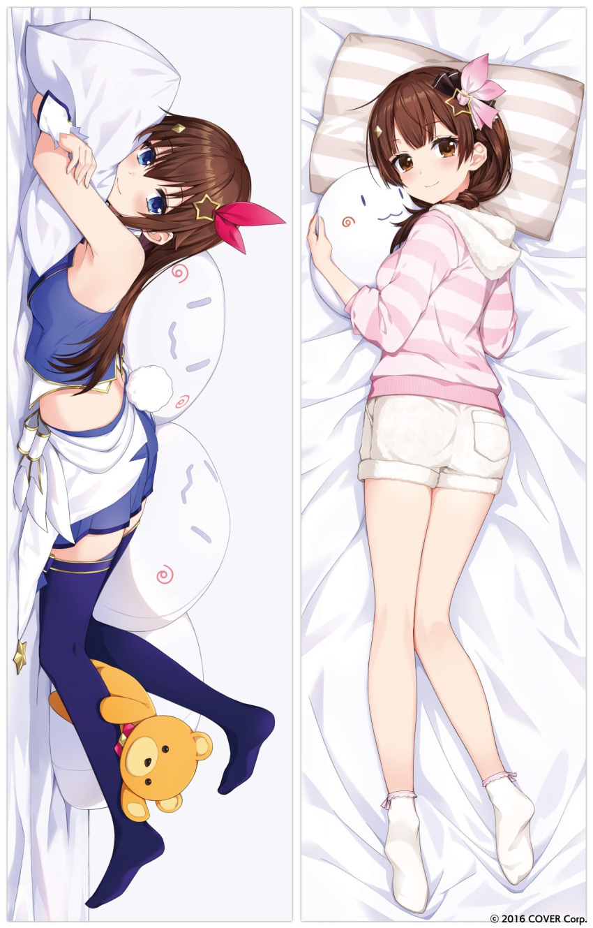 1girl alternate_costume amagai_tarou ankimo_(tokino_sora) bed_sheet blue_eyes blue_skirt blue_thighhighs blue_vest blush braid braided_ponytail breasts brown_eyes brown_hair closed_mouth commentary dakimakura_(medium) from_above full_body hair_ornament hair_over_shoulder hair_ribbon highres hololive hood hood_down hoodie hugging_object kneepits long_hair looking_at_viewer lying medium_breasts midriff miniskirt nun_nun_(tokino_sora) official_art on_stomach pillow pillow_hug pink_hoodie pink_ribbon pleated_skirt red_ribbon ribbon shirt short_shorts shorts skirt smile socks star_(symbol) star_hair_ornament striped striped_hoodie striped_pillow thighhighs tokino_sora tokino_sora_(1st_costume) vest virtual_youtuber watermark white_shirt white_shorts white_socks zettai_ryouiki