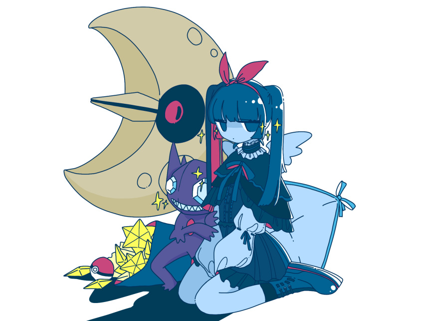1girl arms_between_legs black_capelet black_shirt blue_eyes blue_hair blue_ribbon blunt_bangs bow capelet center_frills colored_inner_hair dot_mouth frilled_shirt frills full_body hair_bow hairband highres jitome layered_clothes long_hair long_sleeves looking_at_viewer lunatone multicolored_hair neck_ribbon no_pupils original pillow pokemon pokemon_(creature) red_bow red_hair red_hairband ribbon sableye shadow shirt sidelocks simple_background sitting sparkle sskitaco twintails wariza white_background