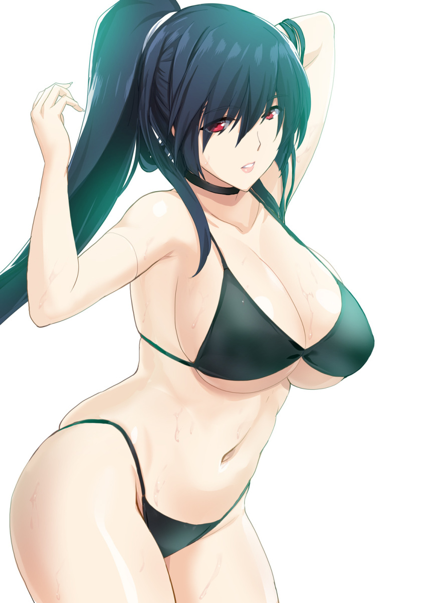 1girl arms_up bikini black_bikini black_hair breasts choker choukou_sennin_haruka escalation_heroines hair_between_eyes highres large_breasts long_hair looking_at_viewer official_art onigirikun pink_lips ponytail red_eyes subaru_(choukou_sennin_haruka) swimsuit water_drop