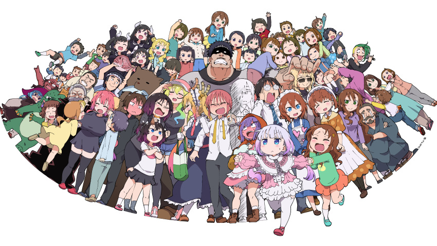 6+boys 6+girls :d absurdres aida_taketo apron azad_(maidragon) bandit_girl_(maidragon) black_hair black_pants black_skirt black_thighhighs blonde_hair blue_dress blue_hair blue_shirt blush breasts brown_dress brown_eyes brown_footwear brown_hair capelet character_request chloe_(maidragon) closed_eyes coke-bottle_glasses collared_shirt commentary_request crossdressing damocles_(maidragon) double_bun dragon_girl dragon_horns dragon_tail dress dress_shirt elma_(maidragon) everyone fafnir_(maidragon) flat_chest frilled_apron frills full-face_blush glasses gradient_hair green_footwear green_hair green_shirt grey_pants hair_bun highres horns huge_breasts ilulu_(maidragon) kanna_kamui kimun_kamui_(maidragon) kobayashi-san_chi_no_maidragon kobayashi_(maidragon) large_breasts long_hair lucoa_(maidragon) magatsuchi_shouta maid maid_apron mary_janes miniskirt multicolored_hair multiple_boys multiple_girls necktie open_mouth otoko_no_ko pants pinafore_dress pink_dress pink_footwear pink_hair puffy_short_sleeves puffy_sleeves purple_hair purple_shirt red_hair red_skirt saikawa_riko saikawa_sanae samansa_ex shirt shoes short_hair short_sleeves simple_background skirt sleeveless sleeveless_dress small_breasts smile socks suspender_skirt suspenders tail takiya_makoto telne_(maidragon) thighhighs tohru_(maidragon) twintails undone_necktie white_background white_shirt white_socks white_thighhighs yana_(maidragon)