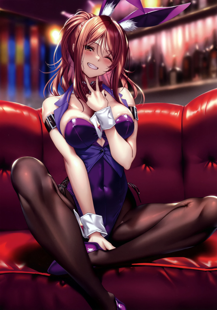 1girl absurdres animal_ears breasts fake_animal_ears hanikami_kanojo high_heels highres looking_at_viewer medium_breasts one_eye_closed pantyhose parted_lips piromizu playboy_bunny scan simple_background sitting smile solo teeth wrist_cuffs