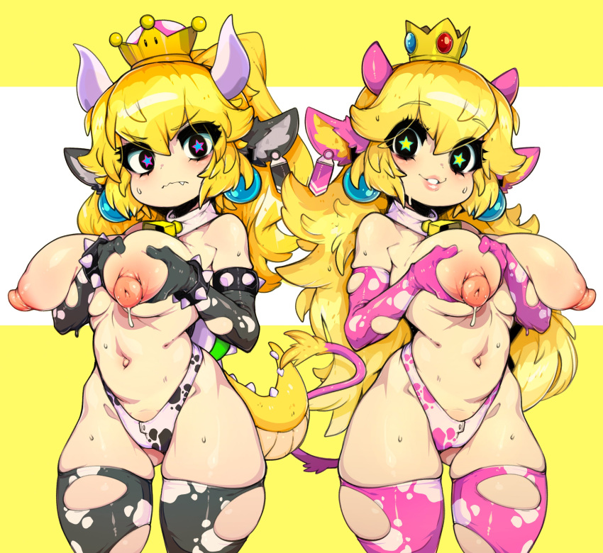 2girls absurdres alternate_costume animal_ears animal_print armlet bell black_eyes black_gloves black_thighhighs blonde_hair bowsette bracelet breasts closed_mouth commentary cow_ears cow_print cow_tail cowbell crown elbow_gloves english_commentary fang gloves highres horns jewelry lactation large_breasts lips lizard_tail long_hair looking_at_viewer mario_(series) multiple_girls navel neck_bell new_super_mario_bros._u_deluxe nipples pink_gloves pink_thighhighs princess_peach slugbox smile spiked_armlet spiked_bracelet spikes standing star-shaped_pupils star_(symbol) super_crown sweat symbol-shaped_pupils tail thighhighs two-tone_background white_background white_horns yellow_background