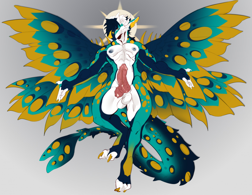 anthro arthropod balls claws ekagos finger_claws fur genitals hi_res horn insect lepidopteran male moth multicolored_body multicolored_fur nipples nude penis simple_background solo tail toe_claws wings