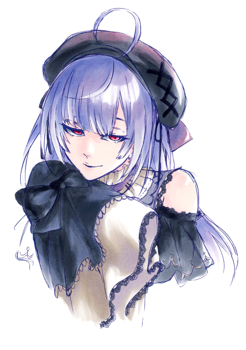 1girl absurdres ahoge bare_shoulders beret black_bow black_headwear blunt_bangs bow collar cowlick detached_sleeves dress frilled_collar frilled_dress frills grey_collar half-closed_eyes hand_on_own_chin hat highres hiyoku_no_crosspiece ken'ichi_(ken1ro_u) long_hair long_sleeves looking_at_viewer marker_(medium) medium_bangs nanashi_inc. off-shoulder_dress off_shoulder official_alternate_costume purple_hair red_eyes shisui_kiki shisui_kiki_(2nd_costume) sleeve_bow sleeves_past_wrists smile solo traditional_media upper_body virtual_youtuber white_background