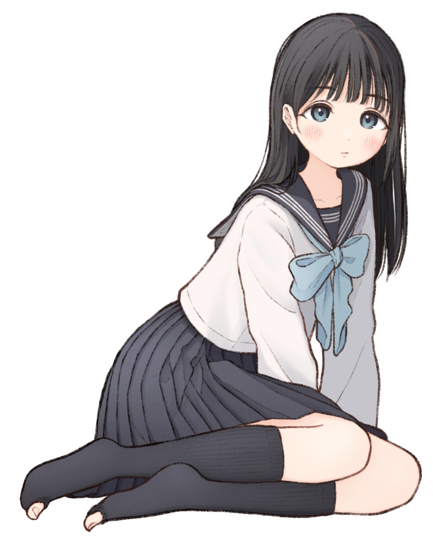 1girl 1ssakawaguchi absurdres akebi-chan_no_serafuku akebi_komichi arm_support black_hair black_skirt black_socks blue_bow blue_eyes blush bow bowtie expressionless highres kneehighs long_hair long_skirt long_sleeves looking_at_viewer neckerchief no_shoes on_floor pleated_skirt roubai_academy_school_uniform_(old) sailor_collar school_uniform serafuku shirt simple_background skirt socks solo torn_clothes torn_socks white_background white_shirt