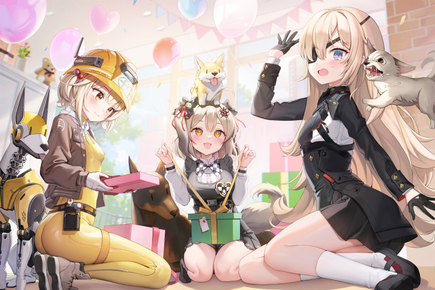 3girls :d absurdres animal animal_ears arm_up balloon bell biscuit_(nikke) black_bow black_dress black_footwear black_gloves black_jacket black_skirt black_socks blonde_hair blue_eyes blush bodysuit bow box breasts brown_eyes brown_footwear closed_mouth commentary_request dog dress eyepatch gift gift_box gloves goddess_of_victory:_nikke guillotine_(nikke) hair_bell hair_between_eyes hair_bow hair_ornament half_gloves heart heart_balloon helmet highres indoors jacket jehyun jingle_bell kneeling liter_(nikke) long_hair long_sleeves medium_breasts multiple_girls no_shoes non-humanoid_robot orange_eyes pennant pleated_dress robot robot_animal robot_dog shirt shoes skirt sleeveless sleeveless_dress small_breasts smile socks string_of_flags stuffed_animal stuffed_toy sweat tail teddy_bear very_long_hair white_shirt white_socks window yellow_bodysuit yellow_headwear