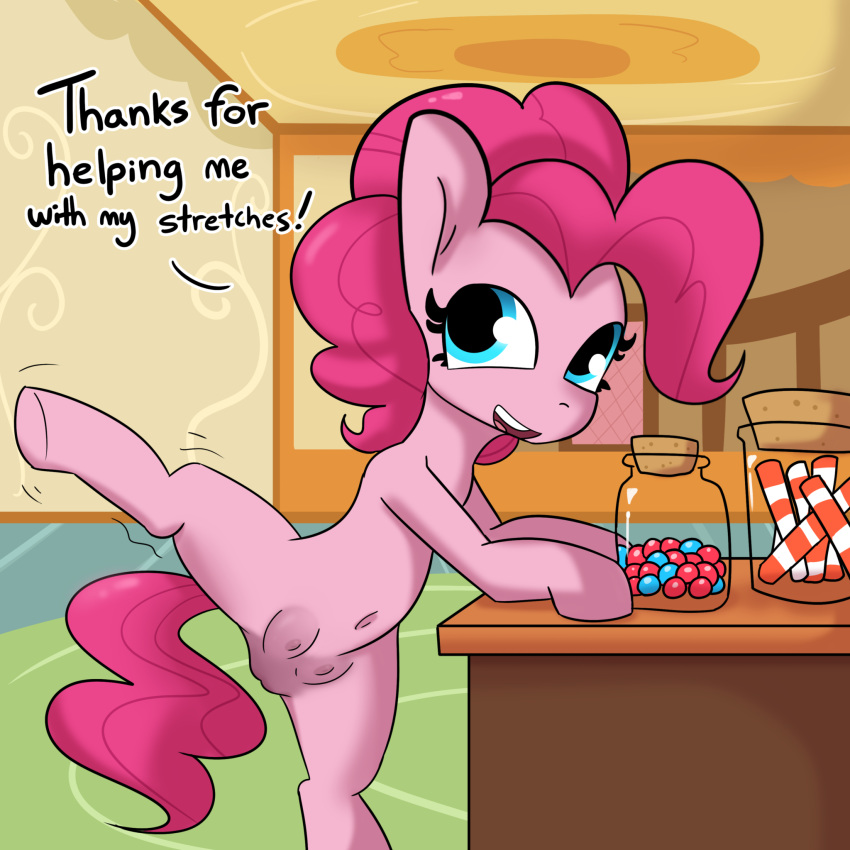 2022 belly blue_eyes candy container dessert dialogue digital_media_(artwork) earth_pony english_text equid equine female feral food friendship_is_magic fur furniture genitals hair hasbro hi_res hooves horse jar mammal mane my_little_pony navel nipples open_mouth open_smile pink_body pink_fur pink_hair pink_mane pink_nipples pink_tail pinkie_pie_(mlp) pony pussy smile solo spread_legs spreading stretching table tail teats text tjpones