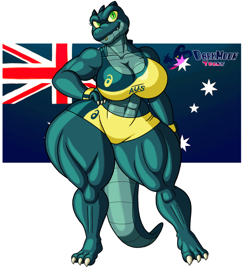 2023 3_toes abs absurd_res alpha_channel anthro australian_flag big_breasts blu3danny border bottomwear bra breasts claws cleavage clothed clothing crocodile crocodilian crocodylid facial_piercing feet female finger_claws green_body green_scales hi_res humanoid_hands lip_piercing lip_ring muscular muscular_anthro muscular_female navel piercing reptile ring_piercing scales scalie shorts smile solo sports_bra standing thick_thighs toe_claws toes transparent_border underwear willow_campbell