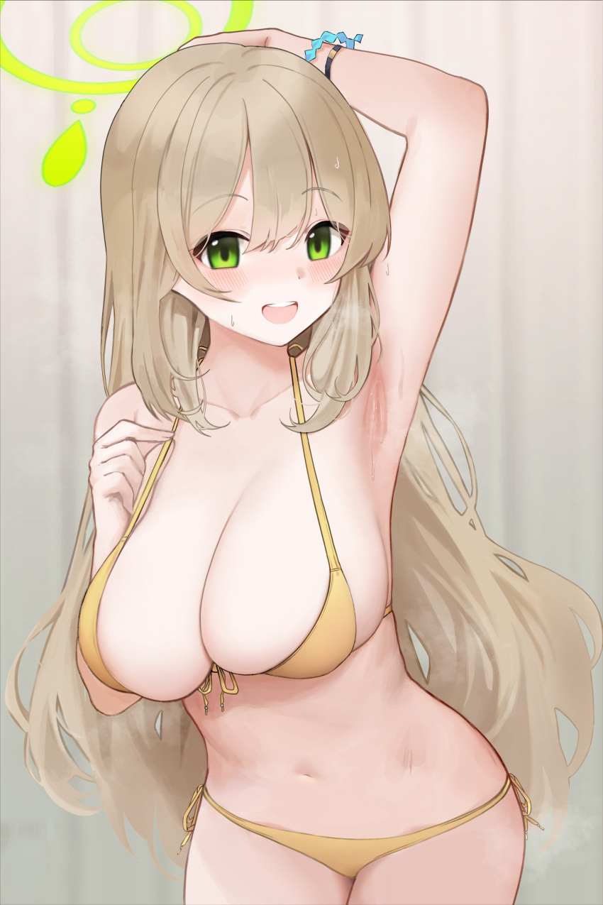 1girl absurdres arm_up armpits bikini blue_archive blush breasts cleavage collarbone front-tie_bikini_top front-tie_top highres indoors jimwh37 large_breasts light_brown_hair long_hair looking_at_viewer navel nonomi_(blue_archive) nonomi_(swimsuit)_(blue_archive) official_alternate_costume side-tie_bikini_bottom solo stomach straight_hair sweatdrop swimsuit very_long_hair