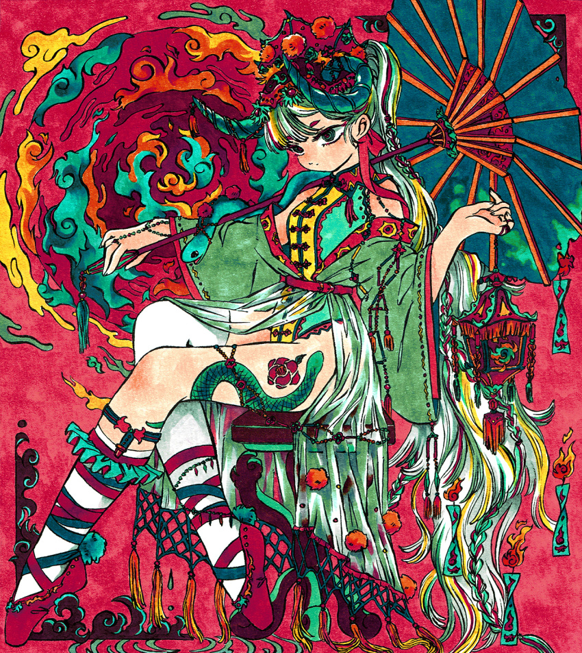 1girl animal_on_shoulder asymmetrical_legwear ballet_slippers beads bodysuit bow braid chinese_clothes expressionless fire from_side garter_straps green_eyes green_hair hair_bow headpiece high_ponytail highres holding holding_lantern holding_umbrella horns jewelry kneehighs lantern leg_tattoo limited_palette long_hair looking_ahead marker_(medium) multicolored_eyes multicolored_hair multiple_braids northeast_mountain off_shoulder oil-paper_umbrella original pom_pom_(clothes) red_background ring single_thighhigh sitting snake socks stool streaked_hair talisman tassel tattoo thighhighs traditional_media umbrella very_long_hair whorled_clouds wide_sleeves