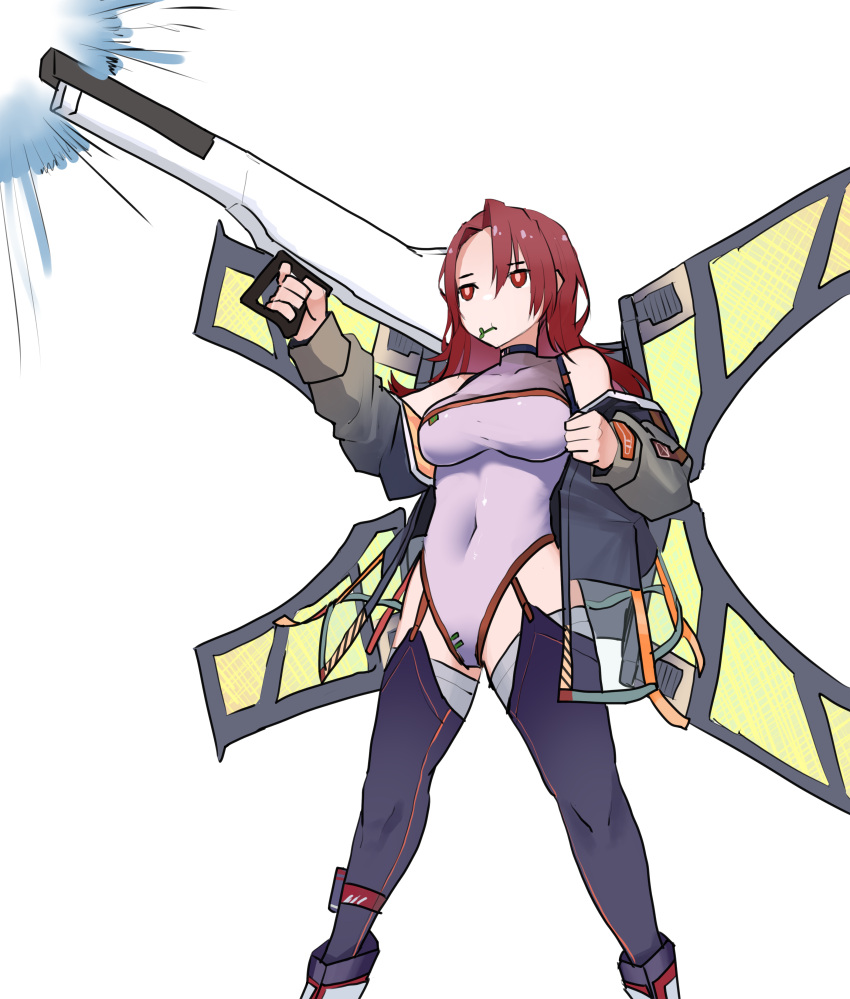 1girl absurdres after_war_gundam_x black_thighhighs boots breasts closed_mouth clover commentary covered_navel energy_cannon energy_weapon expressionless feet_out_of_frame girls'_frontline gun gundam hair_over_one_eye highres holding holding_gun holding_weapon jacket jitome large_breasts long_hair mechanical_wings mouth_hold off_shoulder over_shoulder red_eyes red_hair satellite_cannon see-through see-through_jacket simple_background solo thighhighs ts12_(girls'_frontline) weapon weapon_over_shoulder white_background wings yanagui
