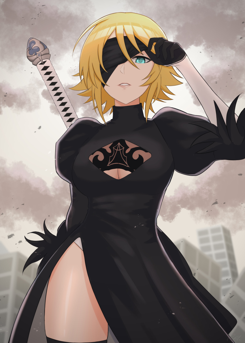 1girl absurdres back_cutout black_blindfold black_dress black_gloves black_thighhighs blindfold blindfold_lift blonde_hair blue_eyes breasts cleavage_cutout clothing_cutout cosplay day dress feather-trimmed_sleeves gloves highres idolmaster idolmaster_cinderella_girls juliet_sleeves long_sleeves looking_at_viewer medium_breasts nier:automata nier_(series) outdoors parted_lips puffy_sleeves rabe_p ruins short_hair solo standing sword thighhighs umeki_otoha weapon yorha_no._2_type_b yorha_no._2_type_b_(cosplay)