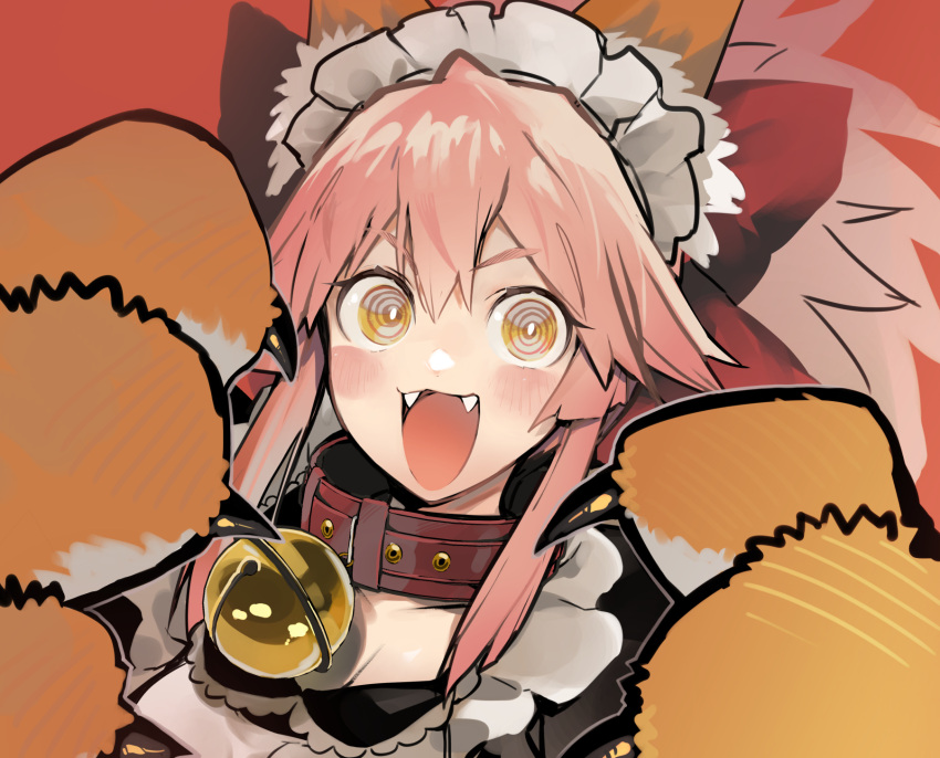 1girl @_@ animal_ear_fluff animal_ears animal_hands apron bell black_dress blush bow breasts collar dress fangs fate/extra fate/grand_order fate_(series) fox_ears fox_girl frills gloves hair_between_eyes hair_bow highres jingle_bell large_breasts long_hair looking_at_viewer neck_bell nishiide_kengorou open_mouth paw_gloves pink_hair ponytail puffy_short_sleeves puffy_sleeves red_bow short_sleeves sidelocks smile tamamo_(fate) tamamo_cat_(fate) tamamo_cat_(second_ascension)_(fate) white_apron yellow_eyes